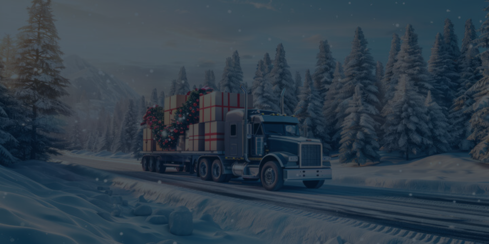 Semi-truck hauling holiday gift shipments through a snowy forest road during peak season winter shipping.